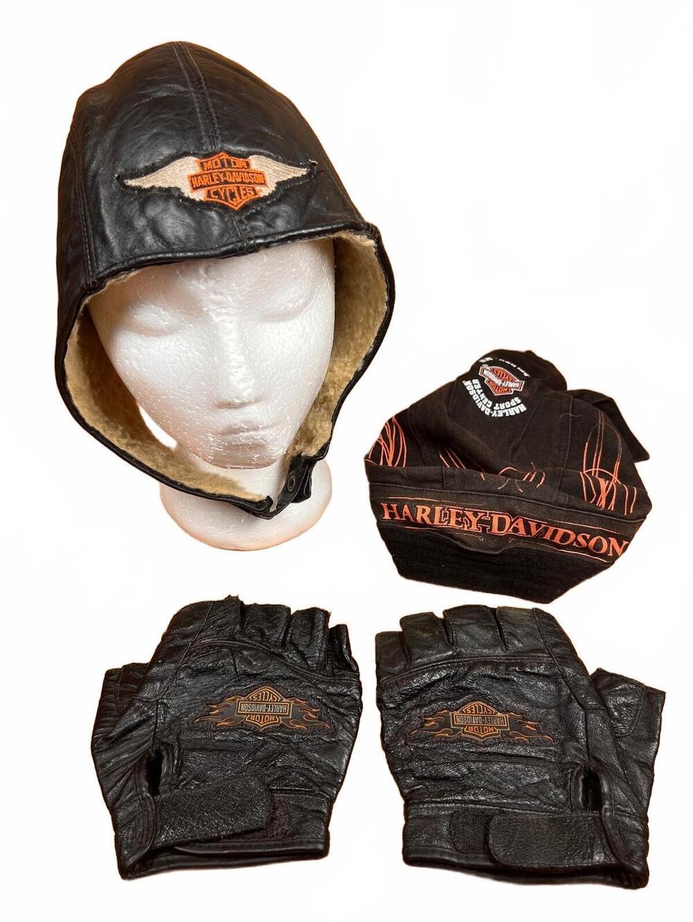 Harley-Davidson Vintage Leather Aviator Hat, Skullcap and Fingerless Gloves Set